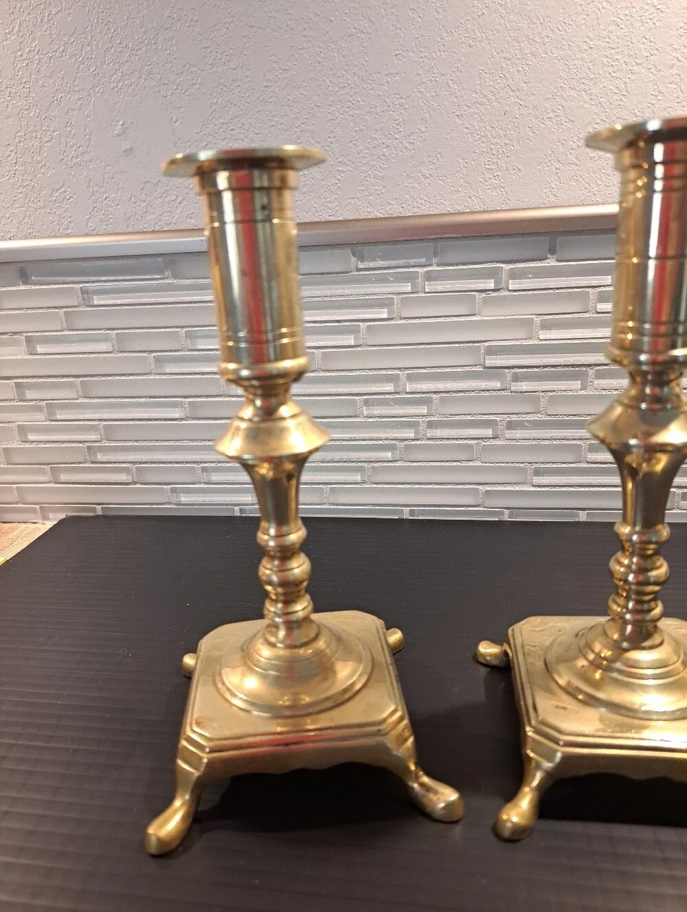 Pair of Brass Candle Holders | Danish Decor Art Nouveau Brass Footed 7.25